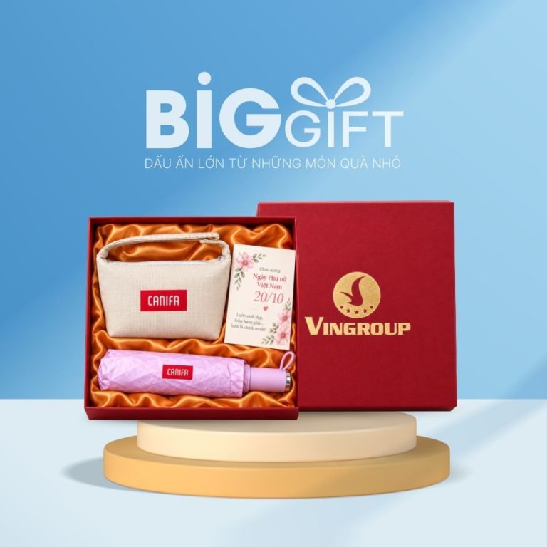 Bộ giftset quà tặng in logo túi cói cầm tay và ô dù gấp 3 tự động BGS-03