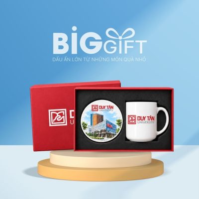 Bộ giftset quà tặng cốc sứ trắng và lót ly gốm in hình ảnh BGS-22