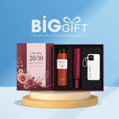 Giftset quà tặng in logo bình giữ nhiệt La Fonte, ô dù và sạc dự phòng AKUS BGS-25
