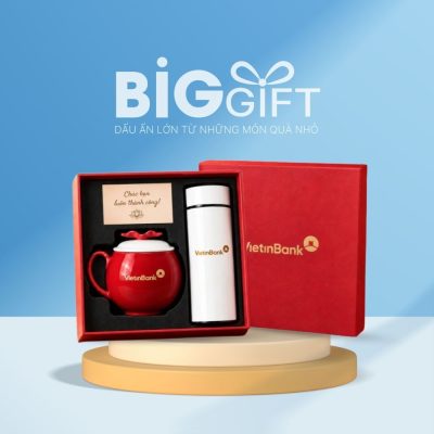 Giftset quà tặng in logo cốc sứ nắp hình quả táo đỏ và bình giữ nhiệt 500ml BGS-04