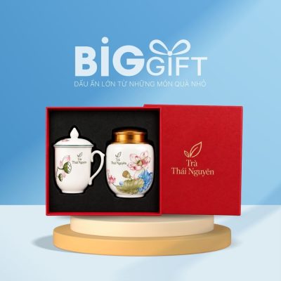 Giftset quà tặng in logo cốc sứ nắp lửa và hũ đựng trà vẽ hoa sen BGS-12