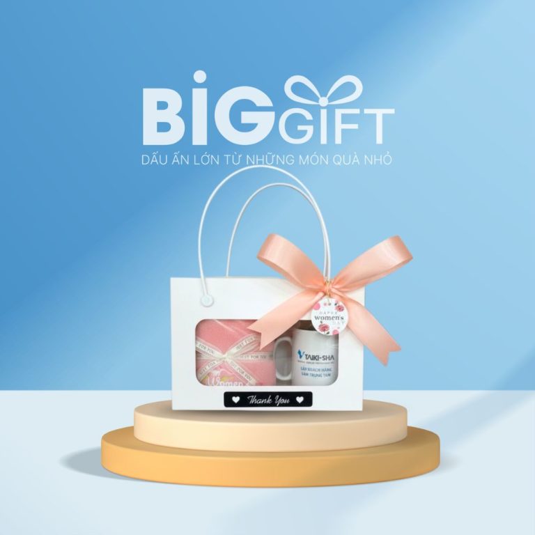Giftset quà tặng in logo cốc sứ quai C và khăn bông 35x78cm BGS-09