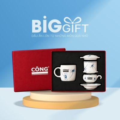 Giftset quà tặng in logo cốc sứ và phin cà phê họa tiết chuồn chuồn vẽ tay BGS-13