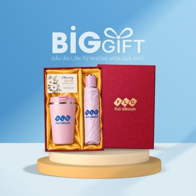 Set quà tặng in logo ly giữ nhiệt 510ml và ô dù 10 nan màu hồng BGS-18