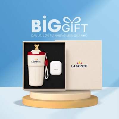 Giftset quà tặng in logo ly giữ nhiệt nắp gấu và tai nghe Bluetooth AKUS BGS-16