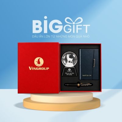 Giftset quà tặng in logo sổ da, bút ký và kỷ niệm chương cầu pha lê BGS-26