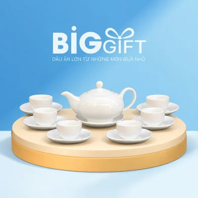 Bộ ấm chén men trắng bong bóng 03 gồm ấm và sáu chén trên nền BigGift