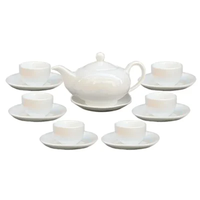 Ảnh nguồn bộ trà bong bóng 03 men trắng với ấm bầu và sáu chén không quai
