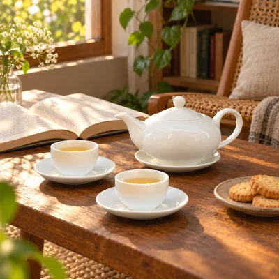 Mô phỏng bộ trà bong bóng 03 với hai chén ở góc đọc sách gia đình