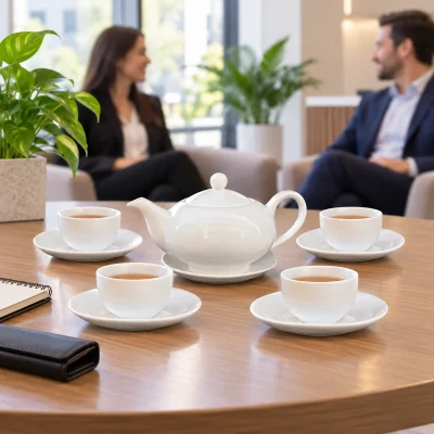 Mô phỏng ấm bong bóng men trắng và bốn chén trên bàn tiếp khách