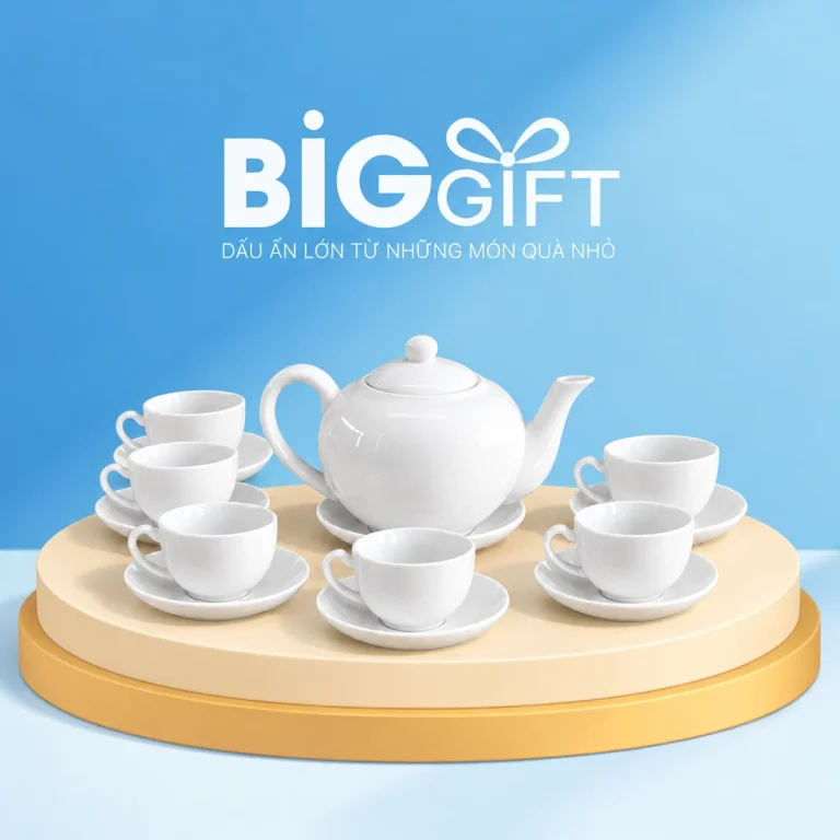 Bộ ấm chén men trắng quai lượn 700 ml
