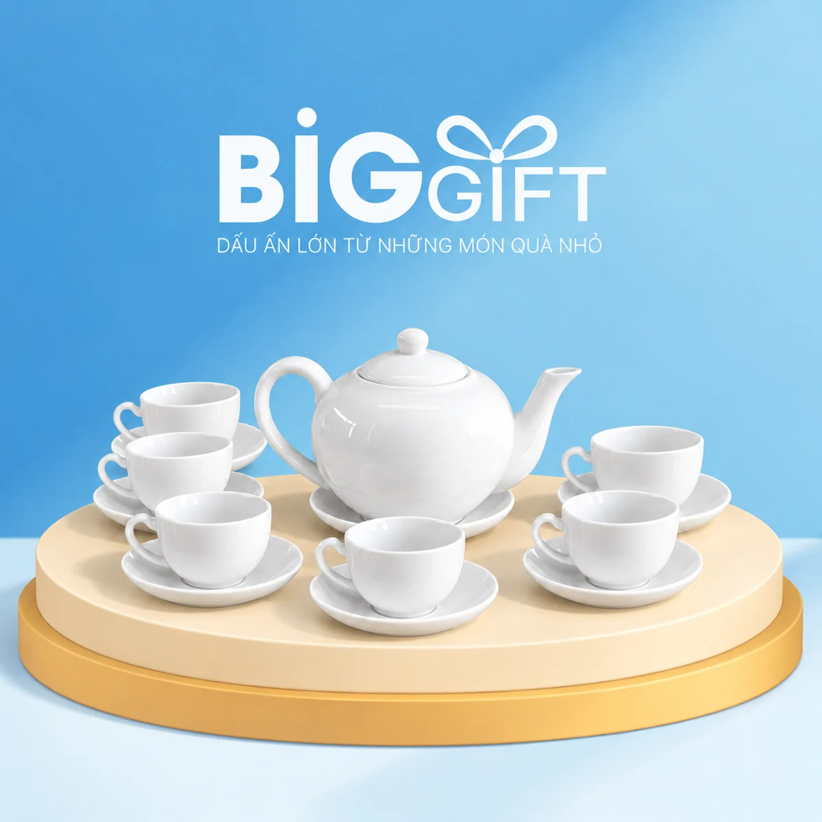 Bộ ấm chén men trắng quai lượn 700 ml trên nền BigGift với sáu chén
