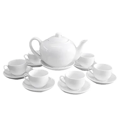 Ảnh nguồn mẫu ấm tròn men trắng quai lượn cùng chén có quai và đĩa kê