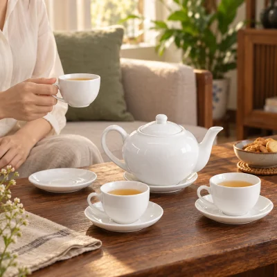 Mô phỏng bộ trà quai lượn men trắng dùng tại góc trà gia đình