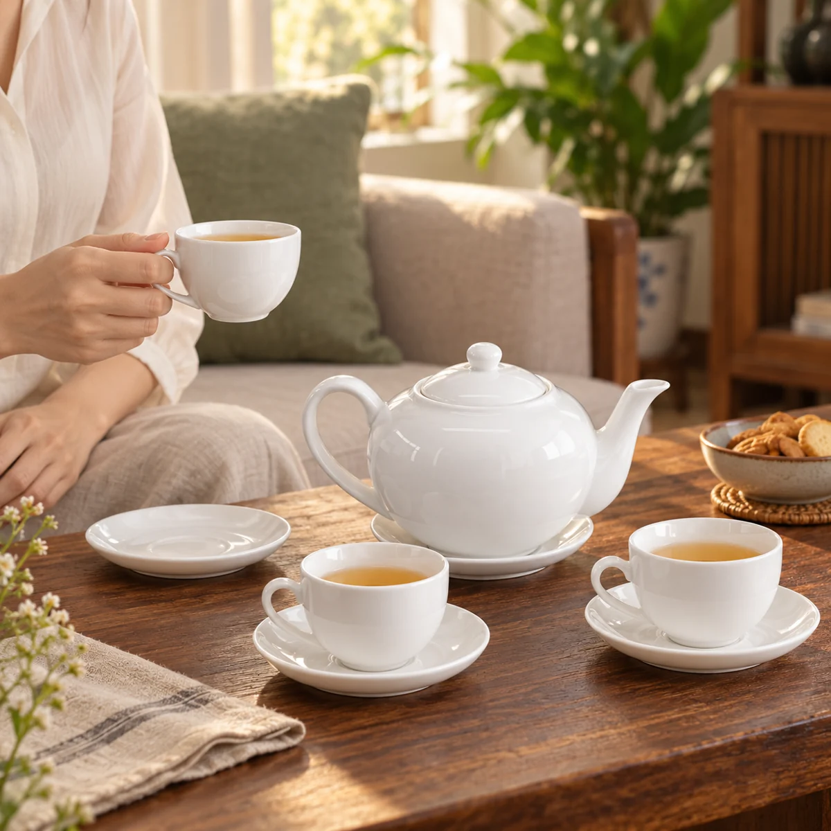 Mô phỏng bộ trà quai lượn men trắng dùng tại góc trà gia đình
