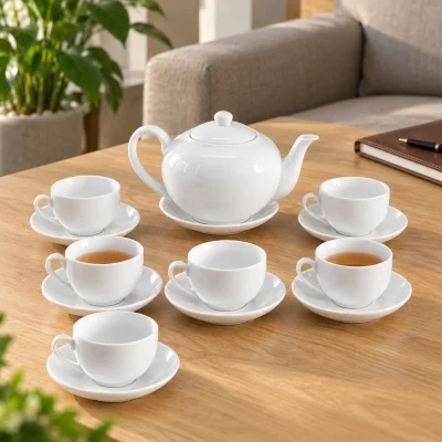 Mô phỏng ấm quai lượn 700 ml và sáu chén trên bàn tiếp khách