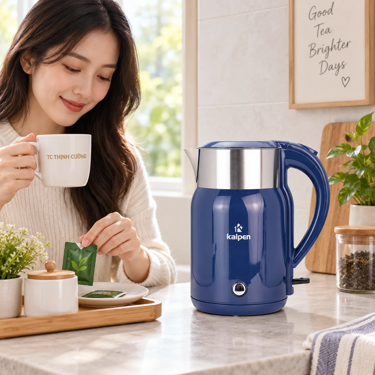 Ấm siêu tốc Kalpen KK68 1,8 lít xanh đậm – gợi ý dùng ở góc pha đồ uống