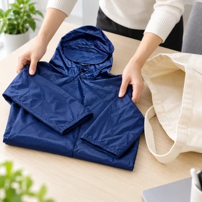 Áo mưa bít vải dù tổ ong màu navy – gấp áo để chuẩn bị mang theo