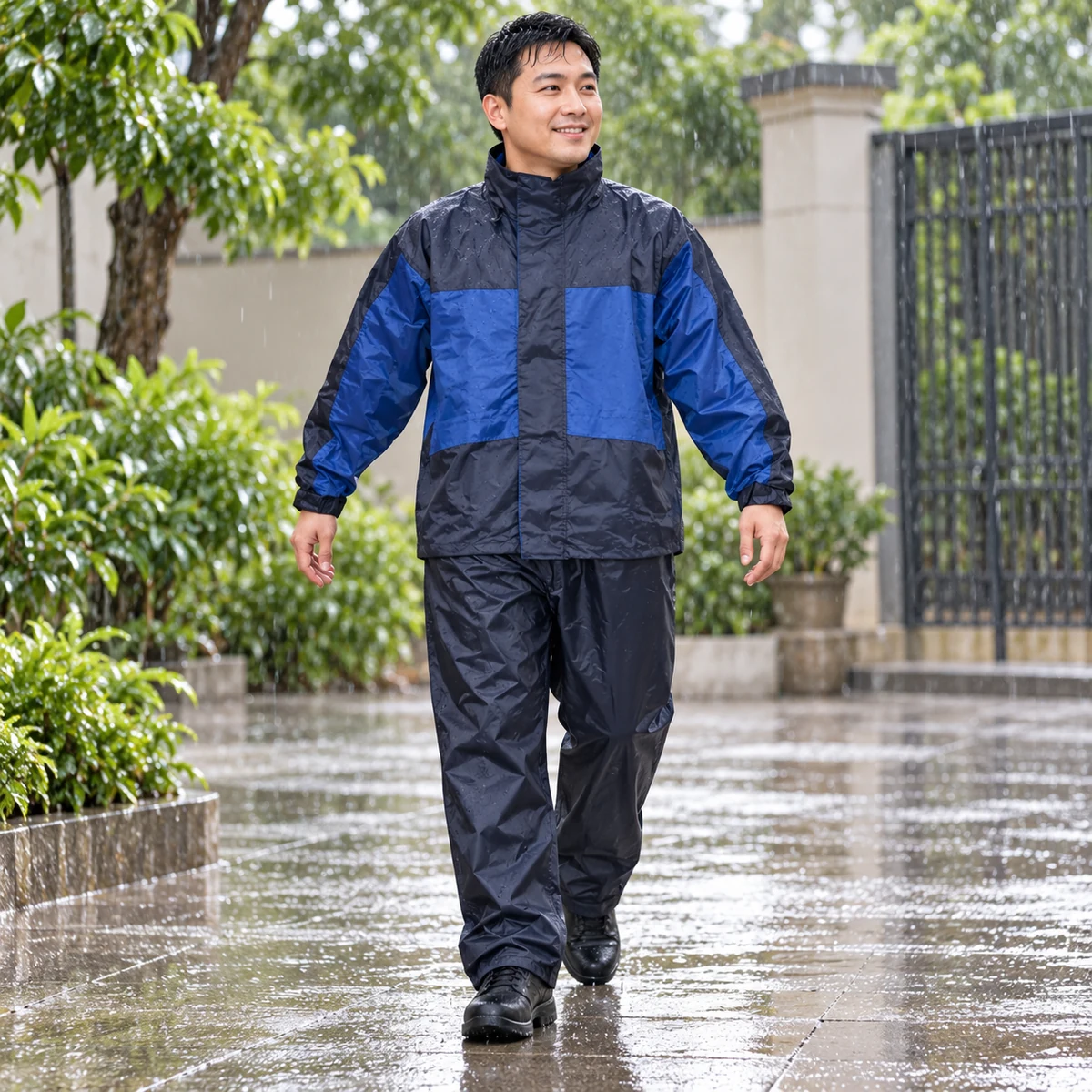 Áo mưa bộ hai lớp tổ ong 62A phối xanh navy – hình dung áo bộ trong sinh hoạt