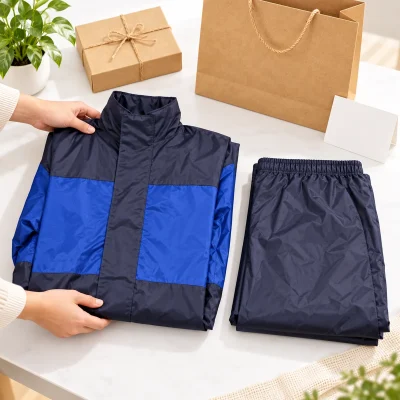 Áo mưa bộ hai lớp tổ ong 62A phối xanh navy – đóng gói đủ áo và quần cho từng người nhận