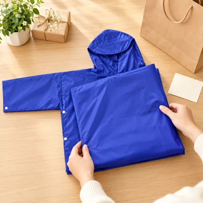 Áo mưa cài cạnh có tay vải dù tổ ong màu xanh – chuẩn bị áo thành món quà gọn gàng