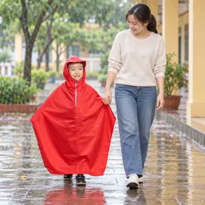 Áo mưa cánh dơi trẻ em màu đỏ – hình dung món quà khi trẻ đi cùng người lớn