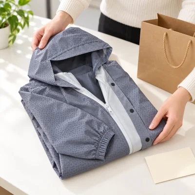Áo mưa măng tô MS-24958 màu xám, vân tổ ong – gấp áo và trình bày quà gọn