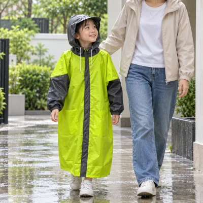 Áo mưa măng tô trẻ em xanh vàng phối xám – xem dáng áo khi trẻ đi cùng người lớn