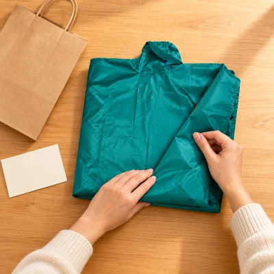 Áo mưa poncho vải dù tổ ong màu xanh lá – gấp áo và chuẩn bị trao quà