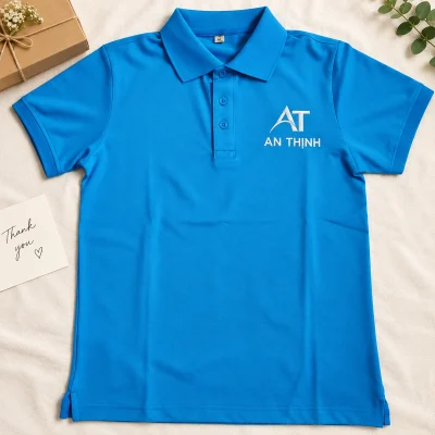 Áo polo cotton xanh dương cổ bẻ tay ngắn – logo thêu trắng ở vùng ngực trống