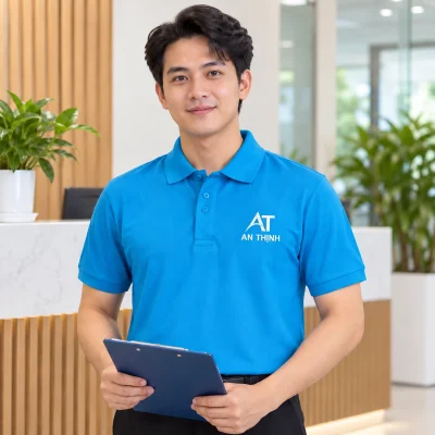 Áo polo cotton xanh dương cổ bẻ tay ngắn – hình dung đồng phục tại điểm đón khách