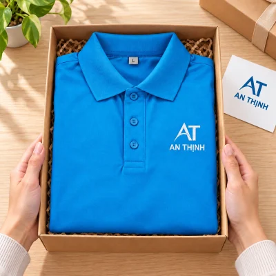 Áo polo cotton xanh dương cổ bẻ tay ngắn – trao áo như món quà gia nhập đội ngũ