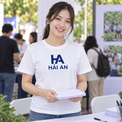 Áo thun cotton trắng cổ tròn tay ngắn – hình dung áo tại hoạt động sự kiện