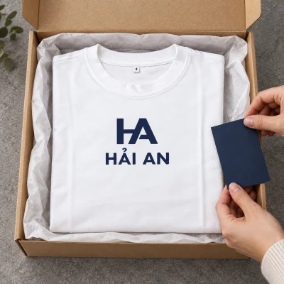 Áo thun cotton trắng cổ tròn tay ngắn – chuẩn bị một áo trong hộp hoặc túi riêng