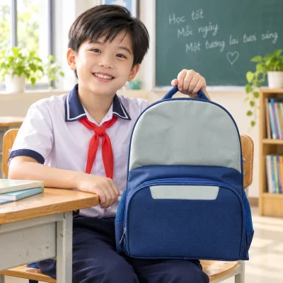 Balo trẻ em xanh navy phối xám nhạt túi trước bo tròn – hình dung món quà trong bối cảnh lớp học