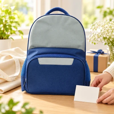 Balo trẻ em xanh navy phối xám nhạt túi trước bo tròn – phối thiệp và túi quà cho chương trình