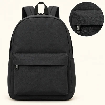 Balo vải đen 42 × 32 × 12 cm túi trước nắp che khóa – xem gần nắp che khóa và đường may túi