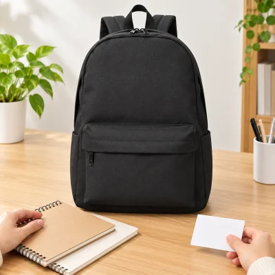 Balo vải đen 42 × 32 × 12 cm túi trước nắp che khóa – chuẩn bị balo cùng sổ và thiệp