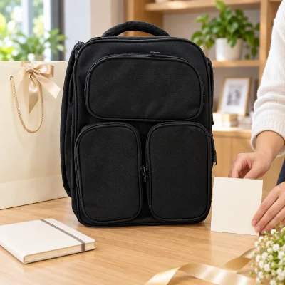 Balo vải đen ba túi khóa kéo phía trước – chuẩn bị balo cùng thiệp cho chương trình quà