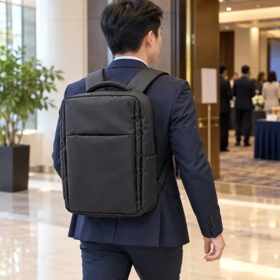 Cảnh người đeo balo vải đen dáng hộp tới buổi chuyên đề