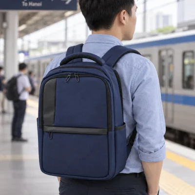 Cảnh người đeo balo navy hai vai chờ tàu trong hành trình đi làm