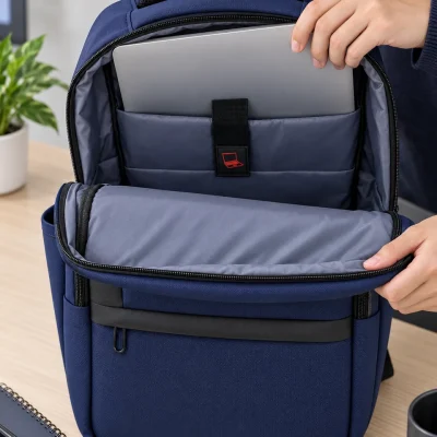 Cảnh đặt laptop vào ngăn thiết bị balo navy trên bàn