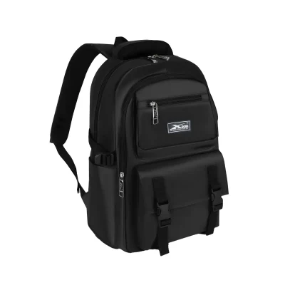 Balo XBag 02 đen túi trước hai khóa bấm – góc nghiêng cho thấy túi và dây bên hông