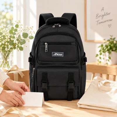 Balo XBag 02 đen túi trước hai khóa bấm – chuẩn bị thiệp và túi quà đặt riêng