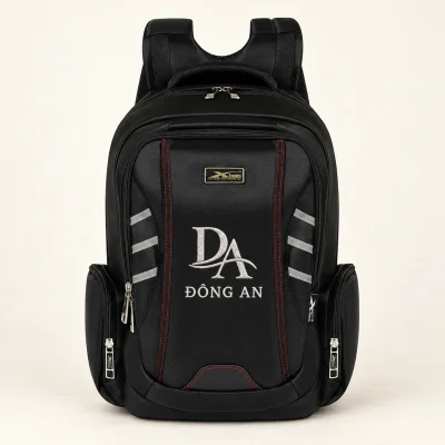 Balo XBag 03 đen chỉ đỏ phối dải xám – đông an thêu trắng giữa hai đường chỉ