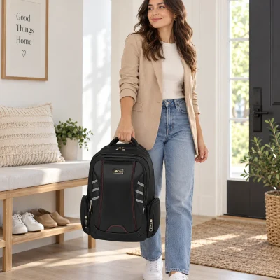 Balo XBag 03 đen chỉ đỏ phối dải xám – cầm balo khi ra khỏi nhà