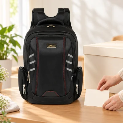 Balo XBag 03 đen chỉ đỏ phối dải xám – phối thiệp và hộp quà màu trung tính