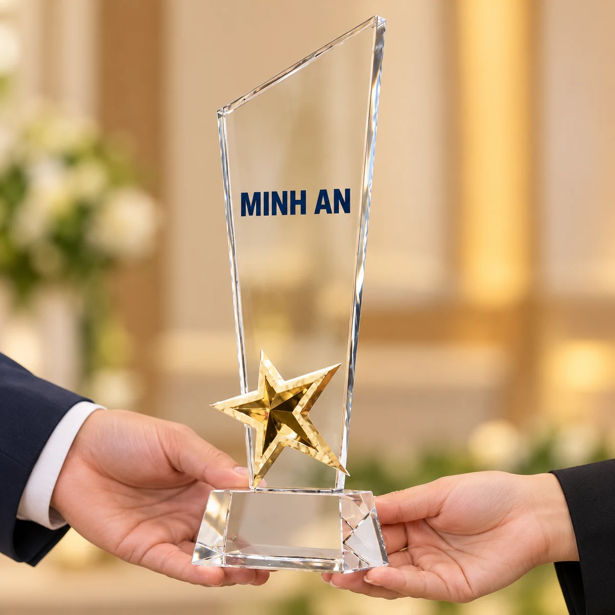 Biểu trưng pha lê 04 thân vát sao vàng – cầm trao với phần sao được giữ thoáng