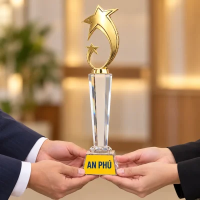 Biểu trưng pha lê 05 hai sao vàng thân trụ – trao biểu trưng bằng phần đế