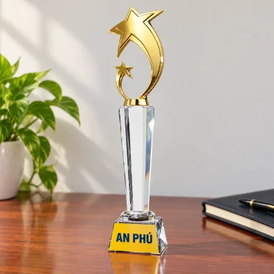 Biểu trưng pha lê 05 hai sao vàng thân trụ – đặt trên bàn và giữ cụm sao khi đóng hộp